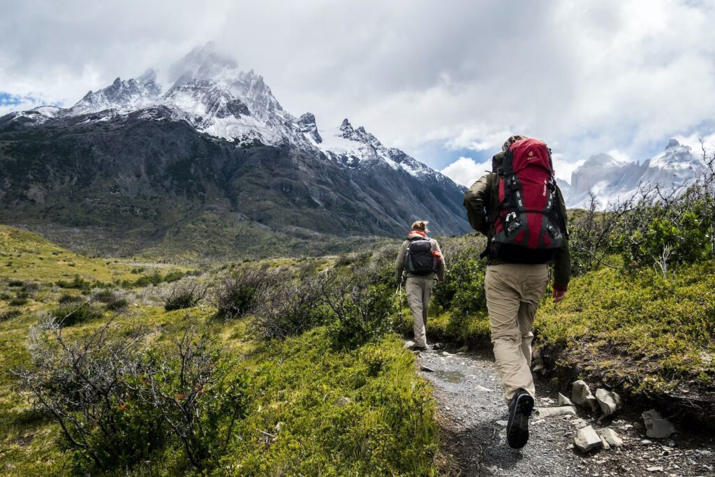 10 Best Hiking Destinations in the World: A Nature Lover’s Paradise Two people hiking in the mountains with wildflowers and plants.